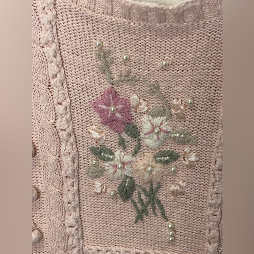 Vintage 90s Casual Corner Hand Knit Heavy Sweater Ribbon Pearls Pink Coquette - Picture 4 of 11